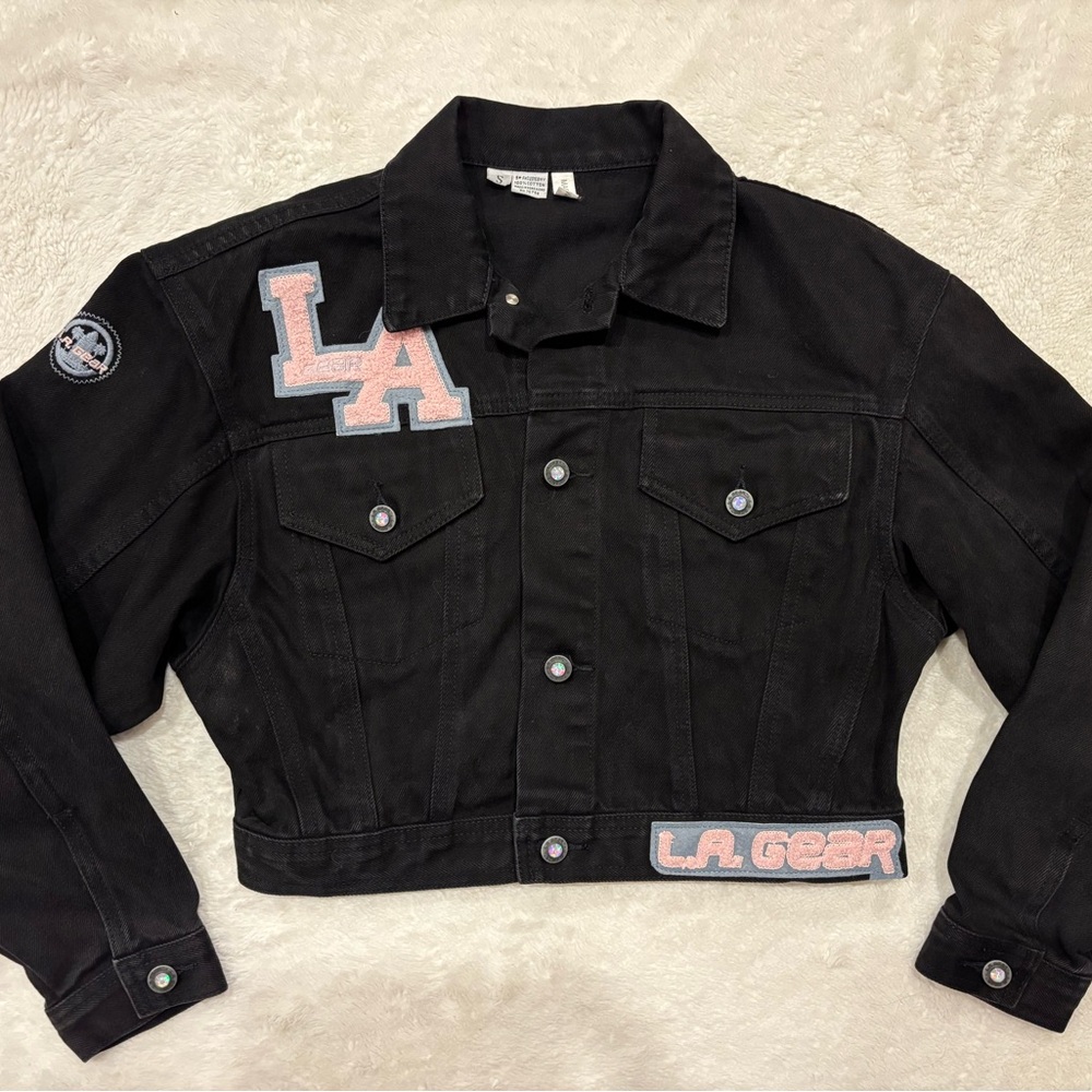 Vintage 80s/90s LA Gear Black Cropped Denim Jacket - Varsity Style - Size Small - Picture 2 of 10